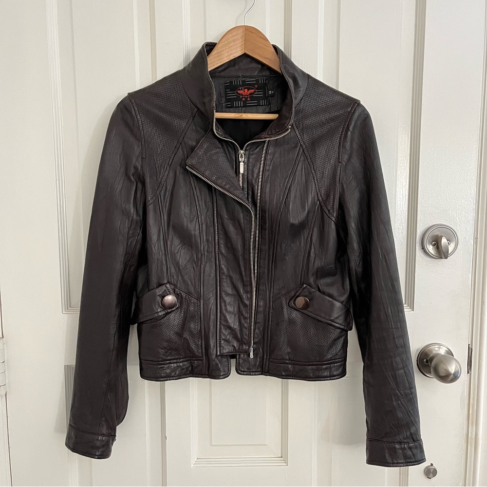 Leather moto jacket, ladies size small-medium, dark brown